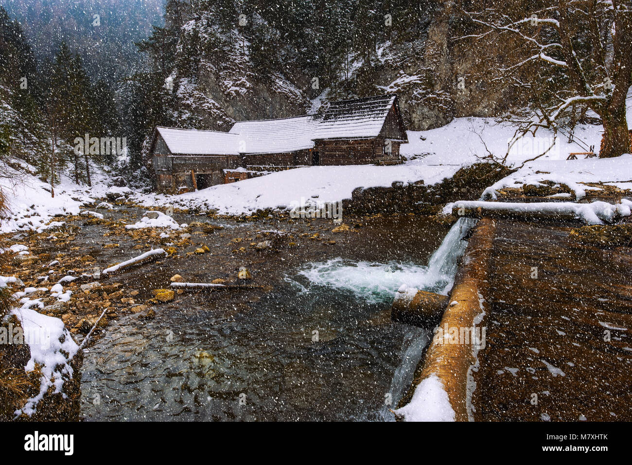 Alte hölzerne Wassermühle im Winter mit Schnee Stockfoto