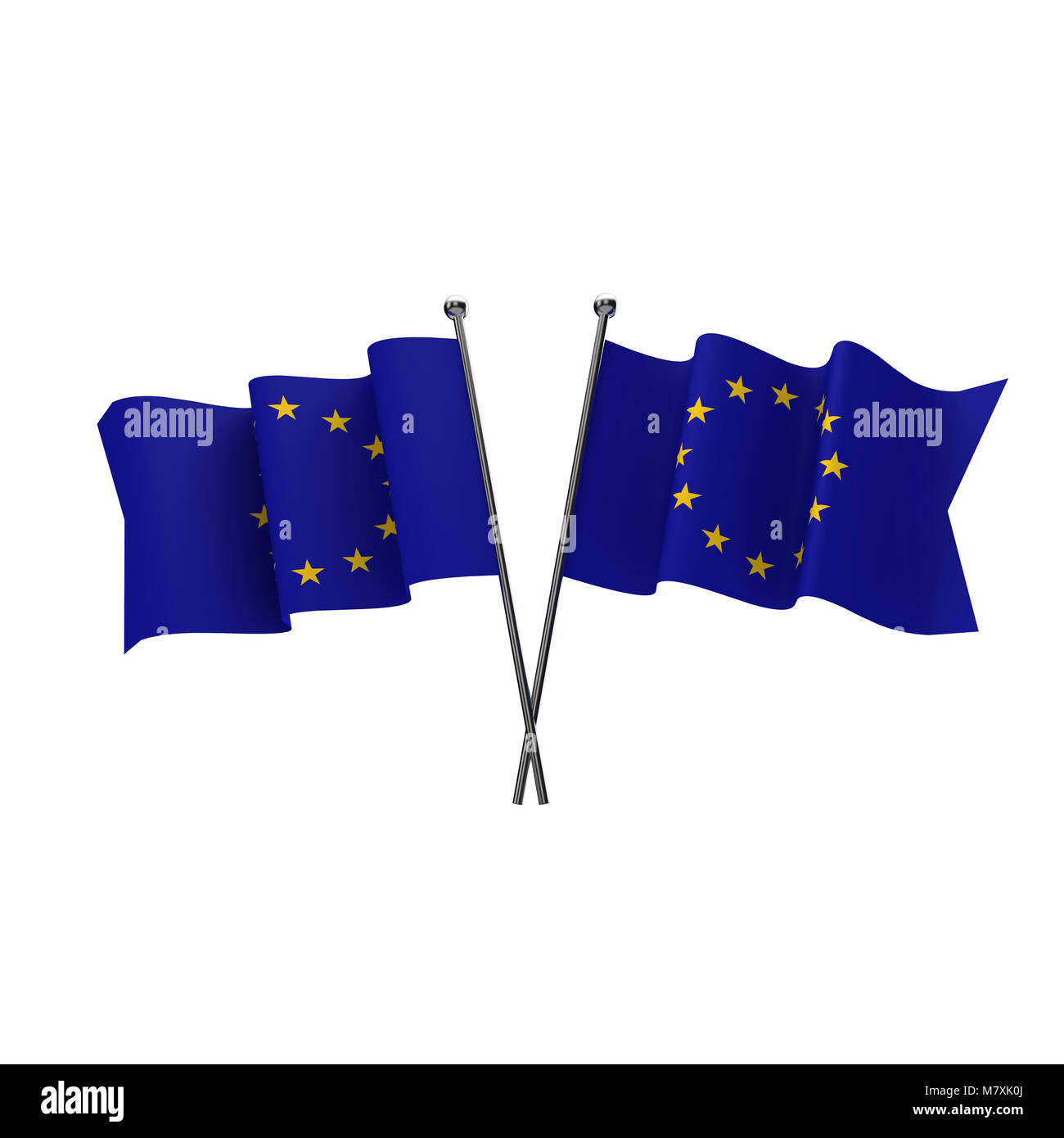 Europäische Union Flaggen gekreuzt auf einem weißen Hintergrund. 3D-Rendering Stockfoto