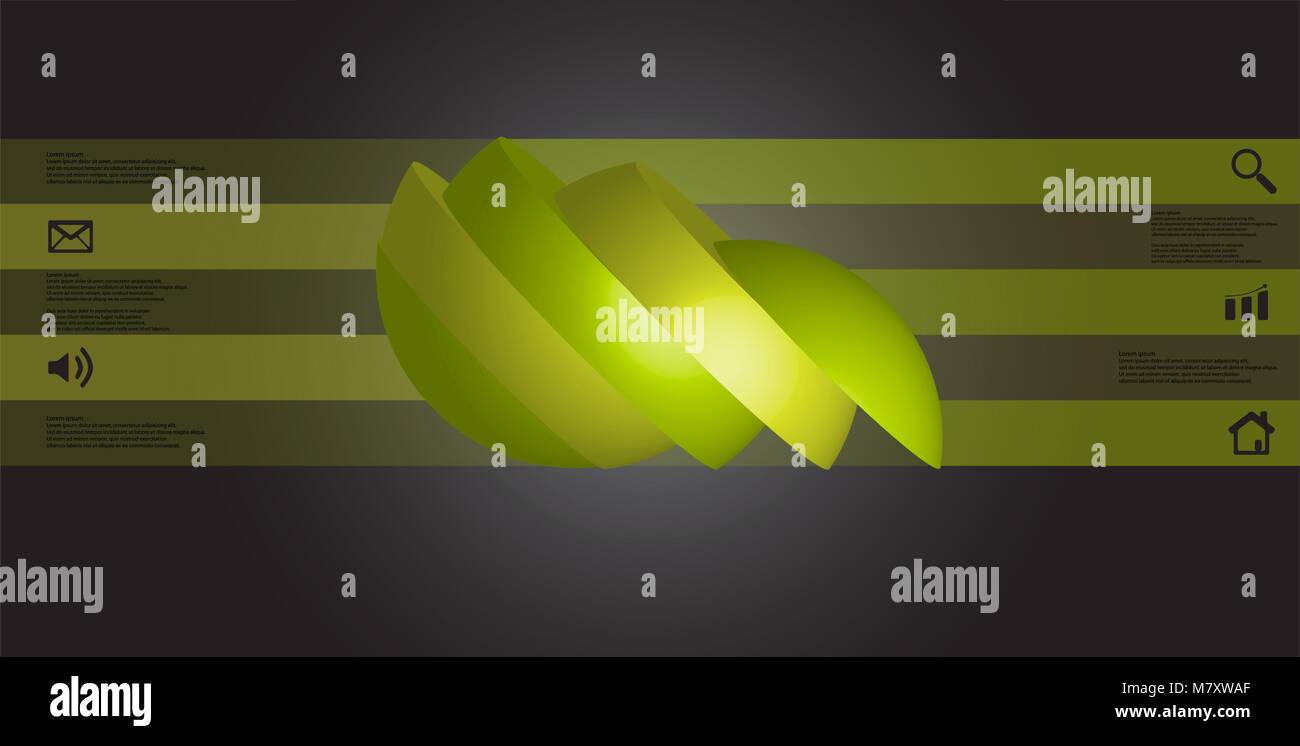 3D-Illustration Infografik Vorlage mit dem Motiv des geschnittenen Kugel zu fünf grünen Teile, die eingeschaltet sind und verschoben. Einfache Zeichen und Text in Co Stock Vektor