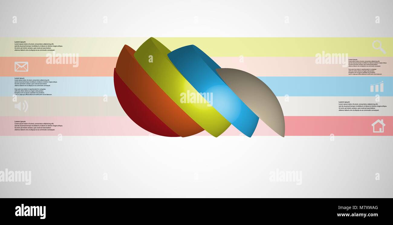 3D-Illustration Infografik Vorlage mit dem Motiv des geschnittenen Kugel zu fünf Farbe teilen, die eingeschaltet sind und verschoben. Einfache Zeichen und Text in Co Stock Vektor