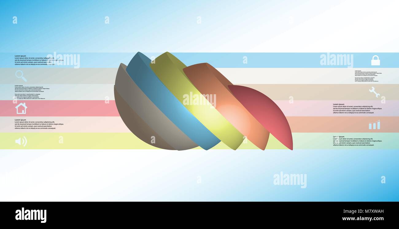 3D-Illustration Infografik Vorlage mit dem Motiv des geschnittenen Kugel zu sechs Teile, die eingeschaltet sind und verschoben. Einfache Zeichen und Text ist in Col Stock Vektor
