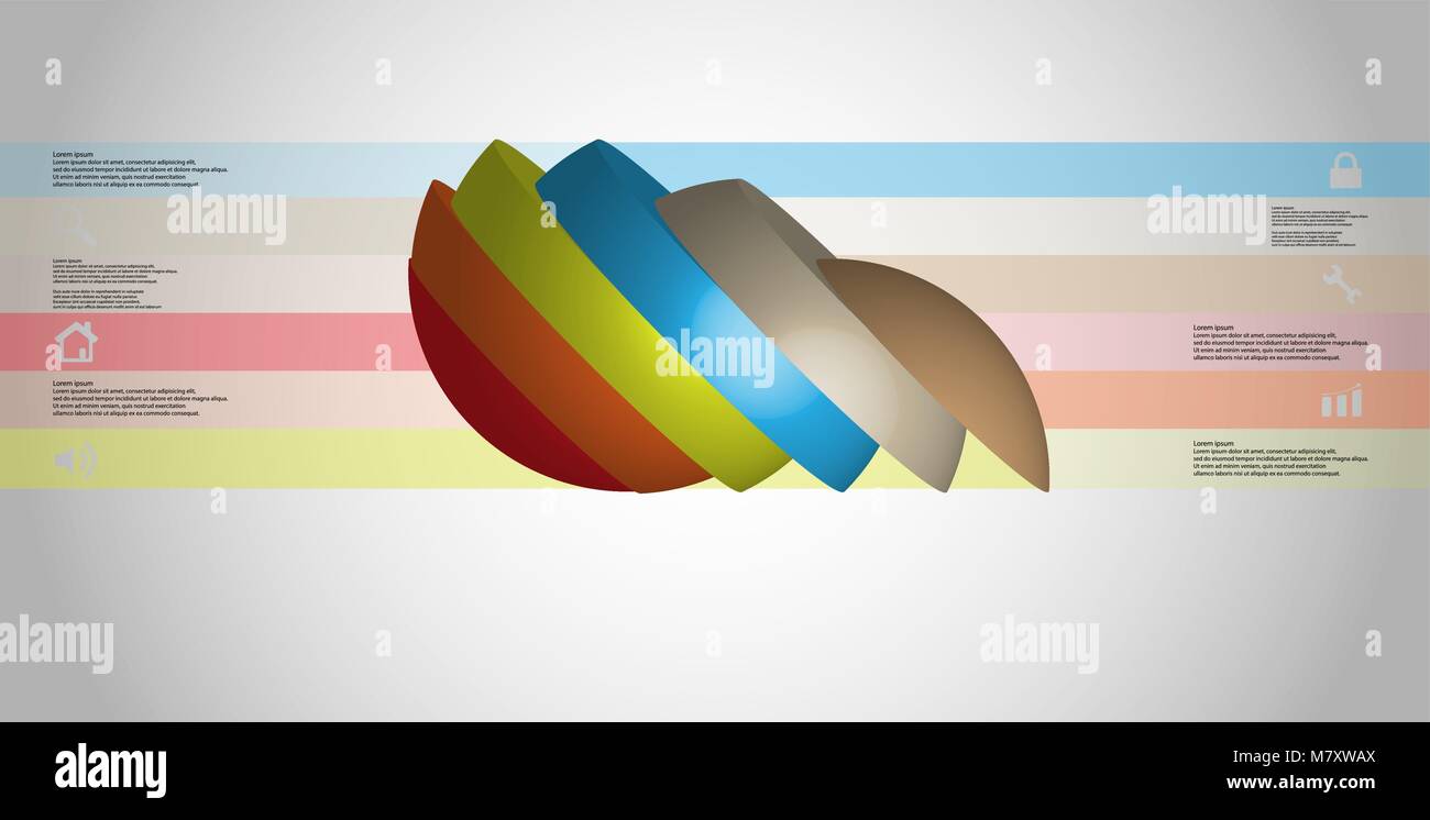 3D-Illustration Infografik Vorlage mit dem Motiv des geschnittenen Kugel zu sechs Teile, die eingeschaltet sind und verschoben. Einfache Zeichen und Text ist in Col Stock Vektor
