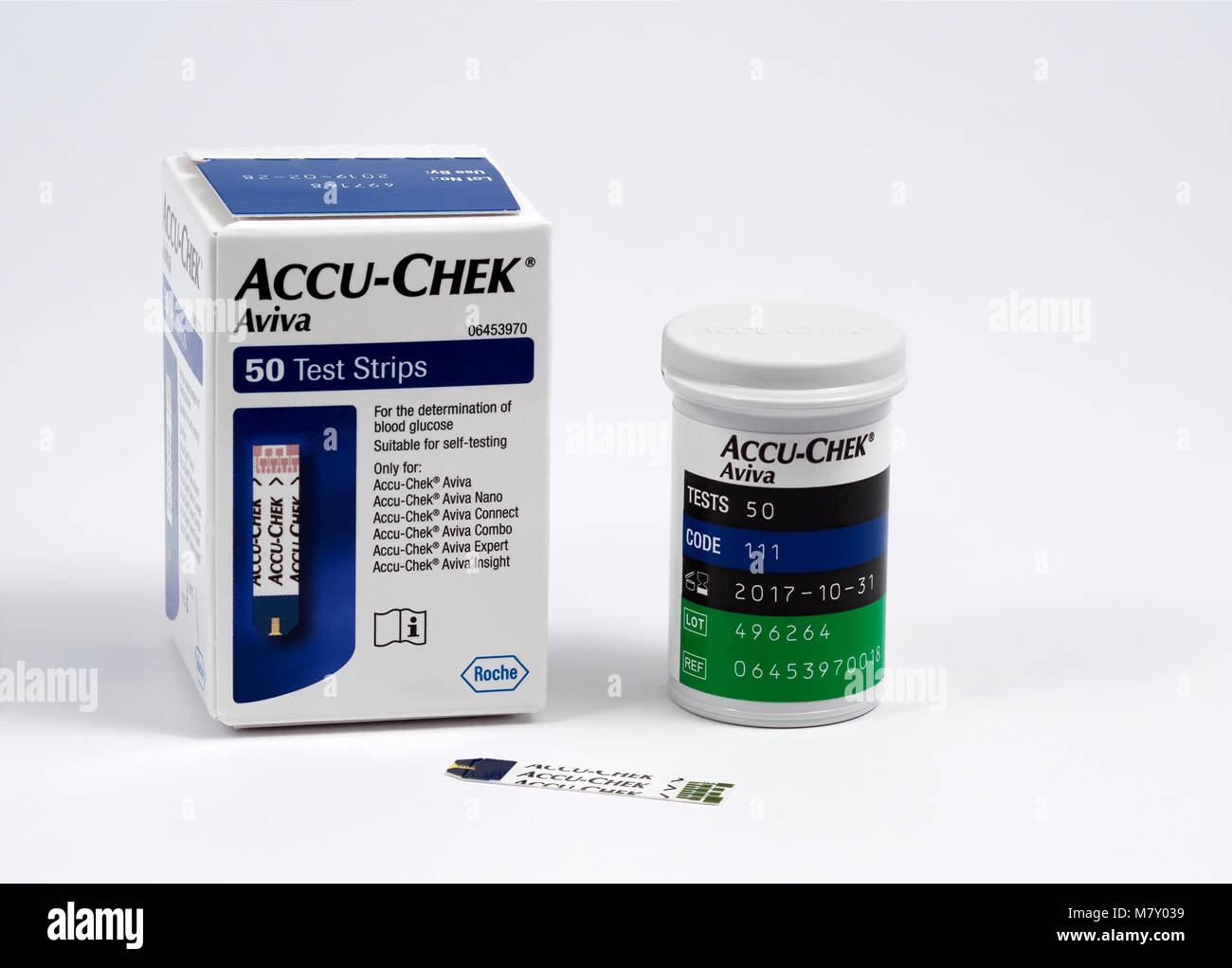 Blutzucker Teststreifen von ACCU-CHEK. Für die Nutzung der Diabetiker. Stockfoto