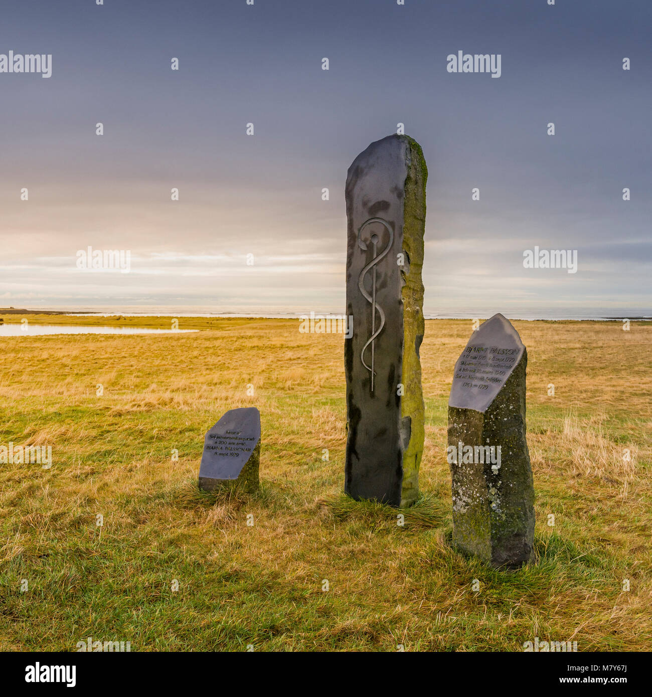 Denkmäler von Bjarni Nesstofa Palsson, Museum, Seltjarnarnes, Reykjavik, Island Stockfoto