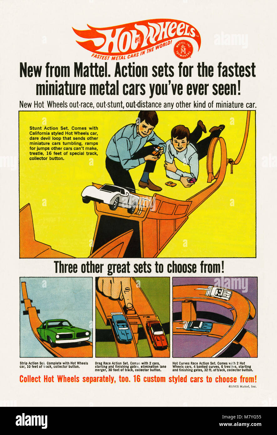 1968 Werbung für Hot Wheels Spielzeugautos. Es erschien im Comic ist eine US-amerikanische Kinder. Hot Wheels ist eine Marke der Druckguss Spielzeugautos von amerikanischen Spielzeughersteller Mattel im gleichen Jahr eingeführt. Stockfoto