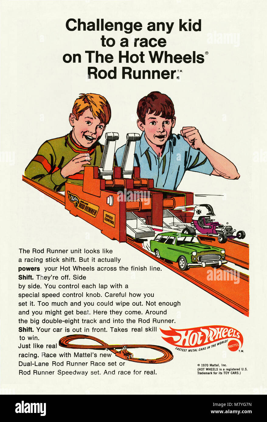 Eine 1970er Werbung für Hot Wheels Spielzeugautos. Es erschien im Comic ist eine US-amerikanische Kinder. Hot Wheels ist eine Marke der Druckguss Spielzeugautos von amerikanischen Spielzeughersteller Mattel 1968 eingeführt Stockfoto