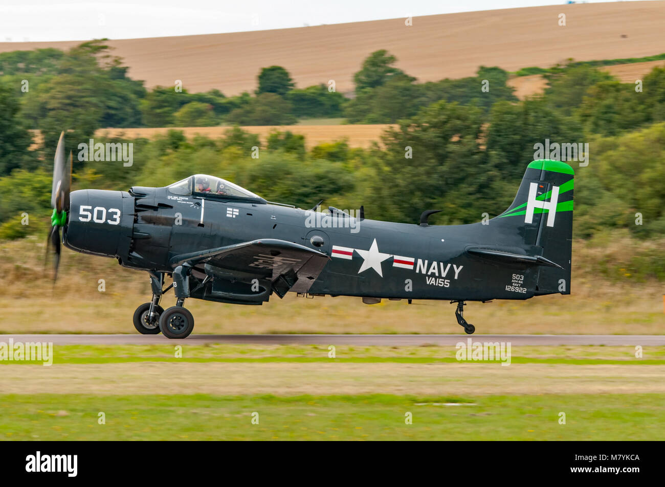 Vintage Douglas Skyraider AD-4 NA von Kennett Luftfahrt in United States Navy livery im Shoreham Airshow, UK am 1. September 2013. Stockfoto