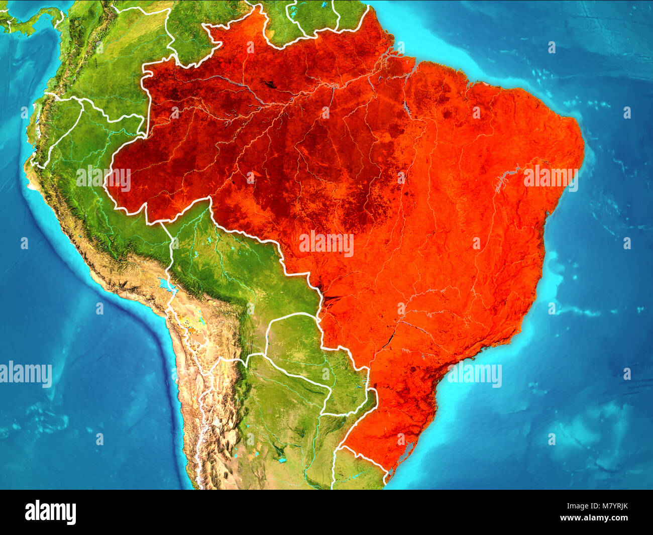 Brasilien in den rot markierten aus der Umlaufbahn der Erde. 3D-Darstellung. Elemente dieses Bild von der NASA eingerichtet. Stockfoto