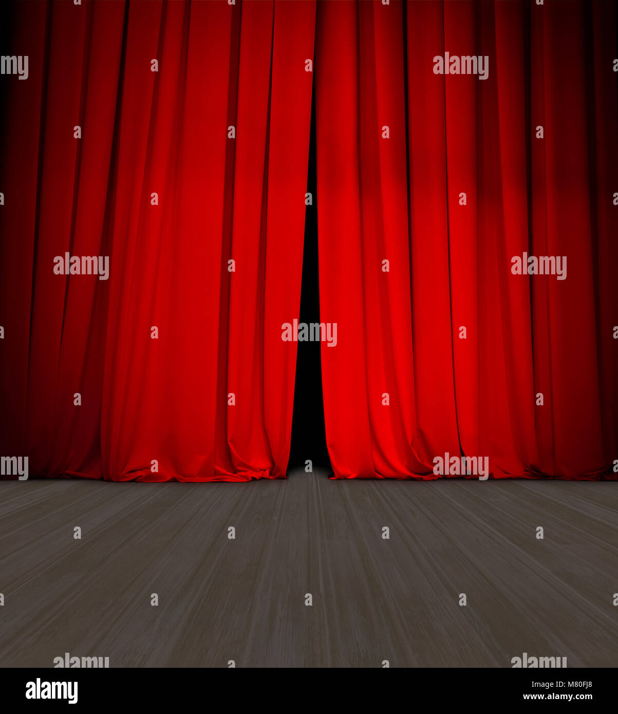 Theater rote Vorhang leicht öffnen und Holz Bühne oder Szene Stockfoto