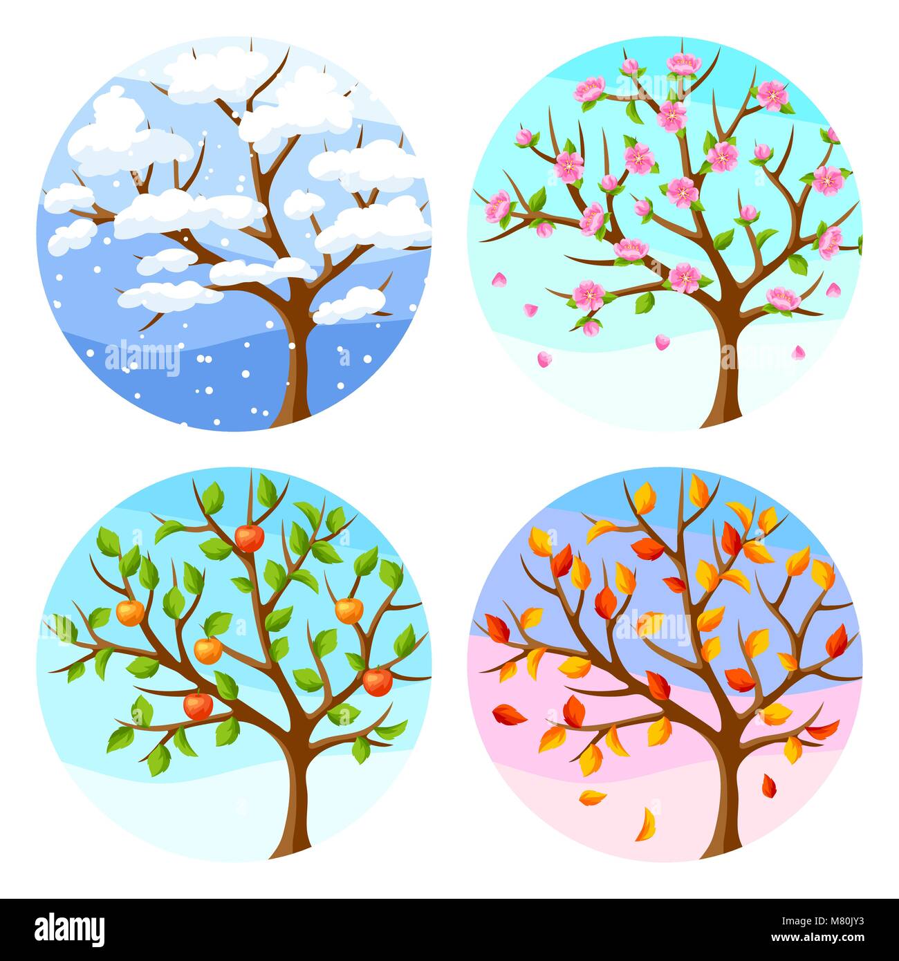 Vier Jahreszeiten. Abbildung: Baum und Landschaft im Winter, Frühling, Sommer, Herbst. Stock Vektor