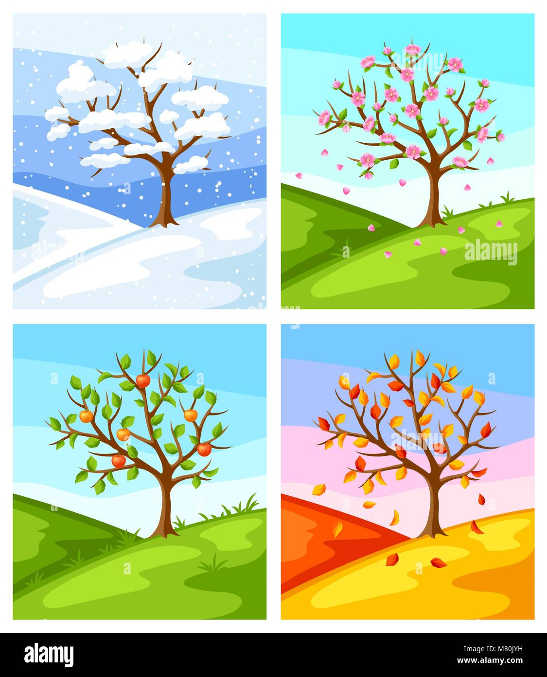 Vier Jahreszeiten. Abbildung: Baum und Landschaft im Winter, Frühling, Sommer, Herbst. Stock Vektor