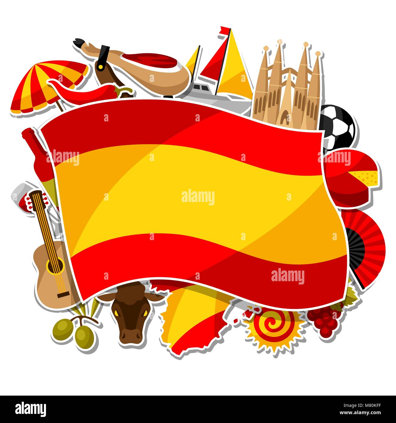 Spanien Hintergrund Design. Spanische traditionelle Aufkleber Symbole und Objekte Stock Vektor