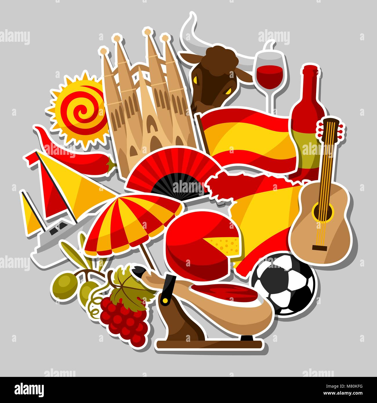 Spanien Hintergrund Design. Spanische traditionelle Aufkleber Symbole und Objekte Stock Vektor