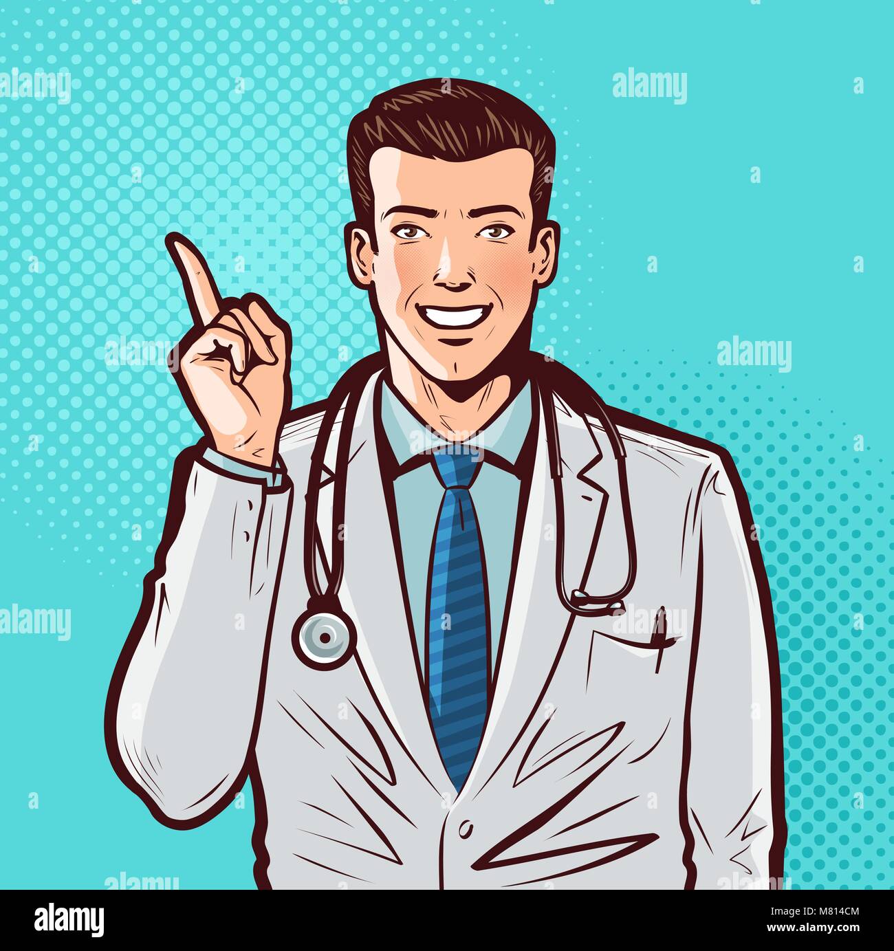 Gerne Arzt mit Zeigefinger. Krankenhaus, Apotheke, Gesundheit, Medizin. Pop Art retro Comic Stil. Cartoon Vector Illustration Stock Vektor