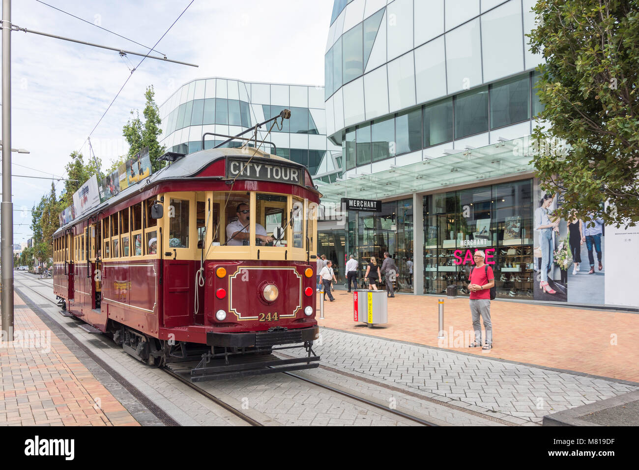 City Tour mit der Straßenbahn an der High Street, Christchurch, Canterbury, Neuseeland Stockfoto