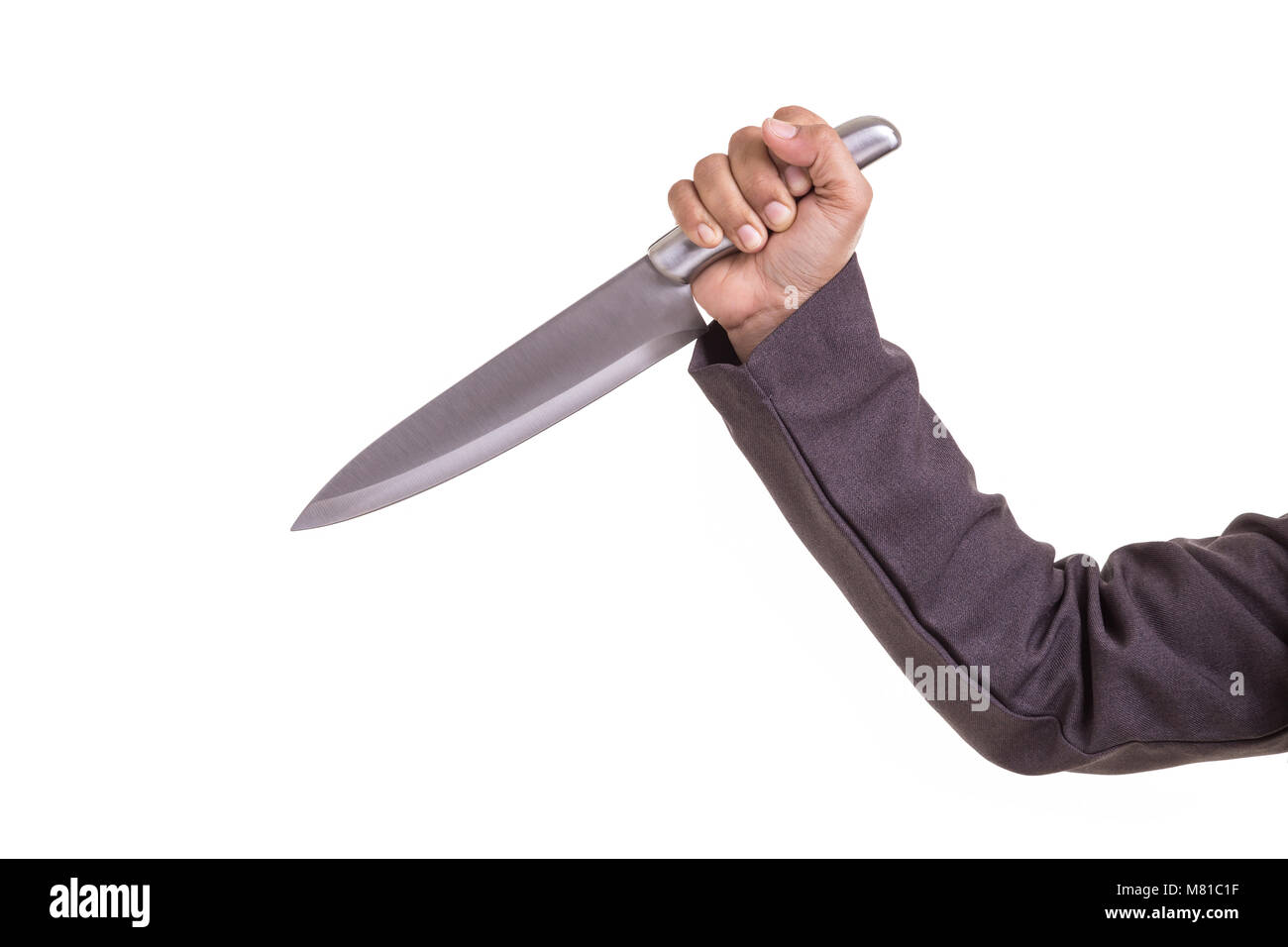 Business kriminellen Konzept: Geschäftsfrau halten Sie die neue Silber Messer auf weißem Hintergrund Stockfoto