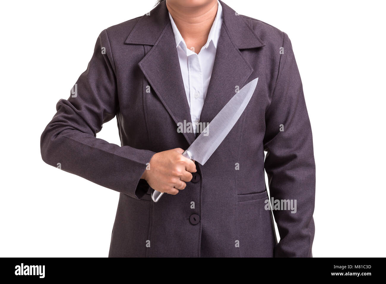 Business kriminellen Konzept: Geschäftsfrau halten Sie die neue Silber Messer auf weißem Hintergrund Stockfoto