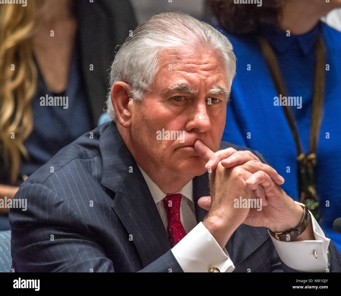 New York, USA, 28. Apr 2017. Außenministerin der Regierung der Vereinigten Staaten, Rex Tillerson erscheint nachdenklich während der Sicherheitsrat der Vereinten Nationen Ministertagung über Nordkorea auf das UN-Hauptquartier in New York City am 28. April 2017. Tillerson wurde plötzlich entlassen von Präsident Donald Trump am 13. März 2018 nach nur 14 Monaten im Job. Foto von Enrique Ufer/Alamy Stock Foto Stockfoto