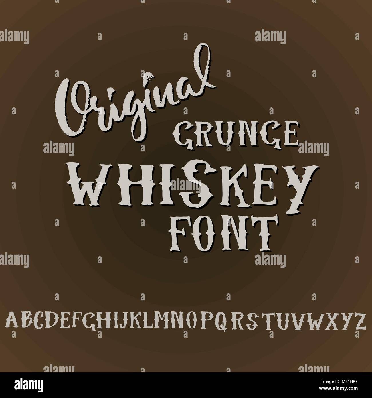 Grunge vintage Whiskey Font. Alte handgefertigte Anzeige Skript. Moderne Bürste label Bedruckung. Vektor Typografie Illustration. Stock Vektor