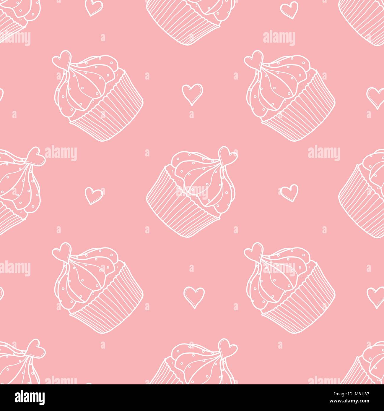 Cupcakes und Herzen random auf rosa Hintergrund. Süße Hand gezeichnet nahtlose Muster von Dessert in weißer Umriss. Stock Vektor