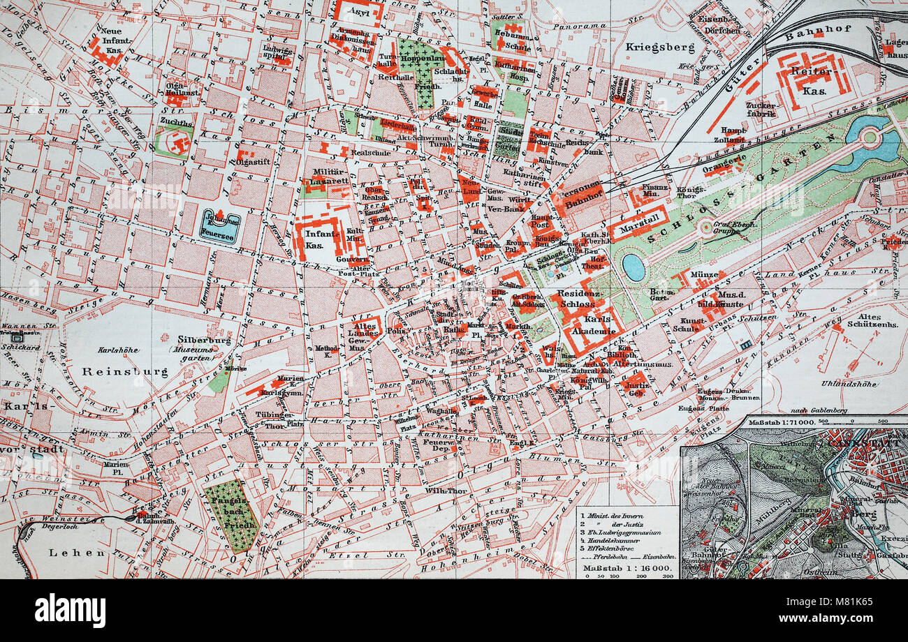 Stadtplan aus dem Jahr 1892: Stuttgart, Deutschland, digital verbesserte Reproduktion einer Vorlage drucken aus dem Jahr 1895 Stockfoto