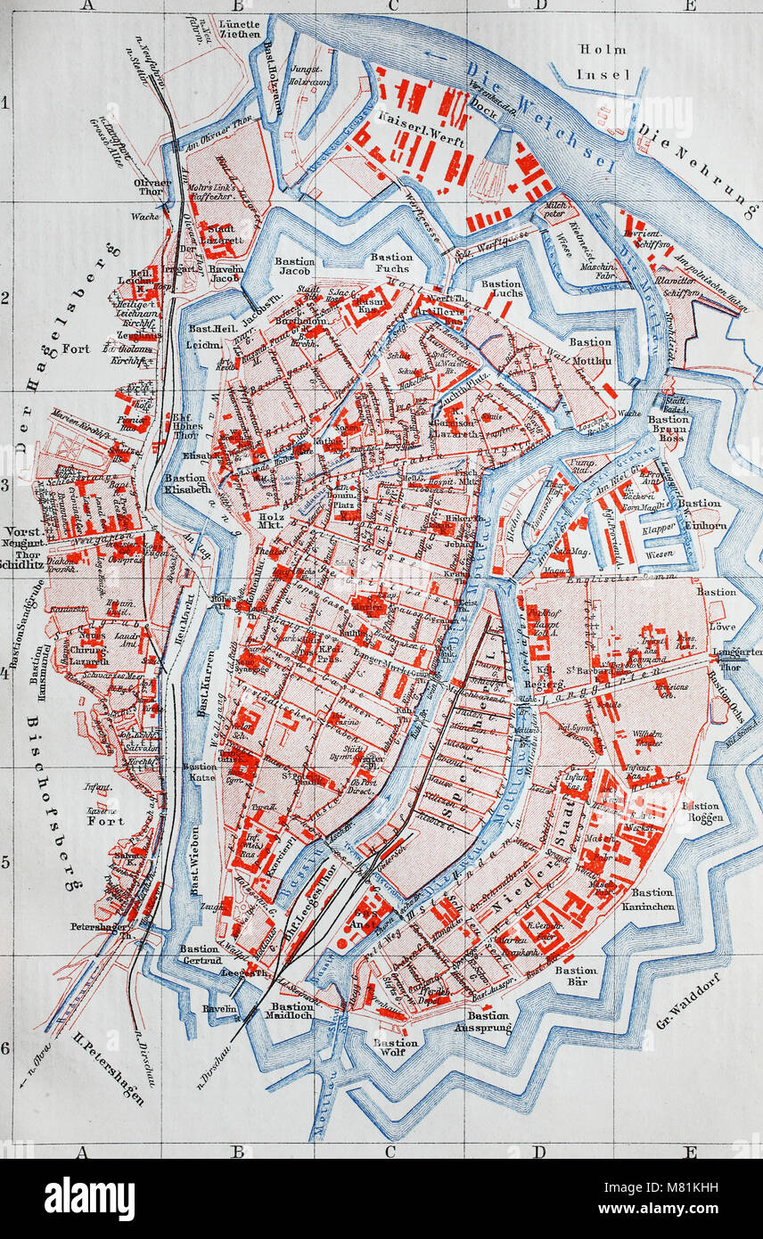 Stadtplan aus dem Jahr 1892: Danzig, Gdansk, Polen, digital verbesserte Reproduktion einer Vorlage drucken aus dem Jahr 1895 Stockfoto