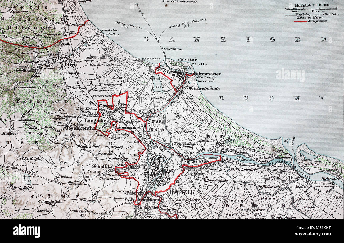 Stadtplan aus dem Jahr 1892: Danzig, Gdansk, Polen, digital verbesserte Reproduktion einer Vorlage drucken aus dem Jahr 1895 Stockfoto