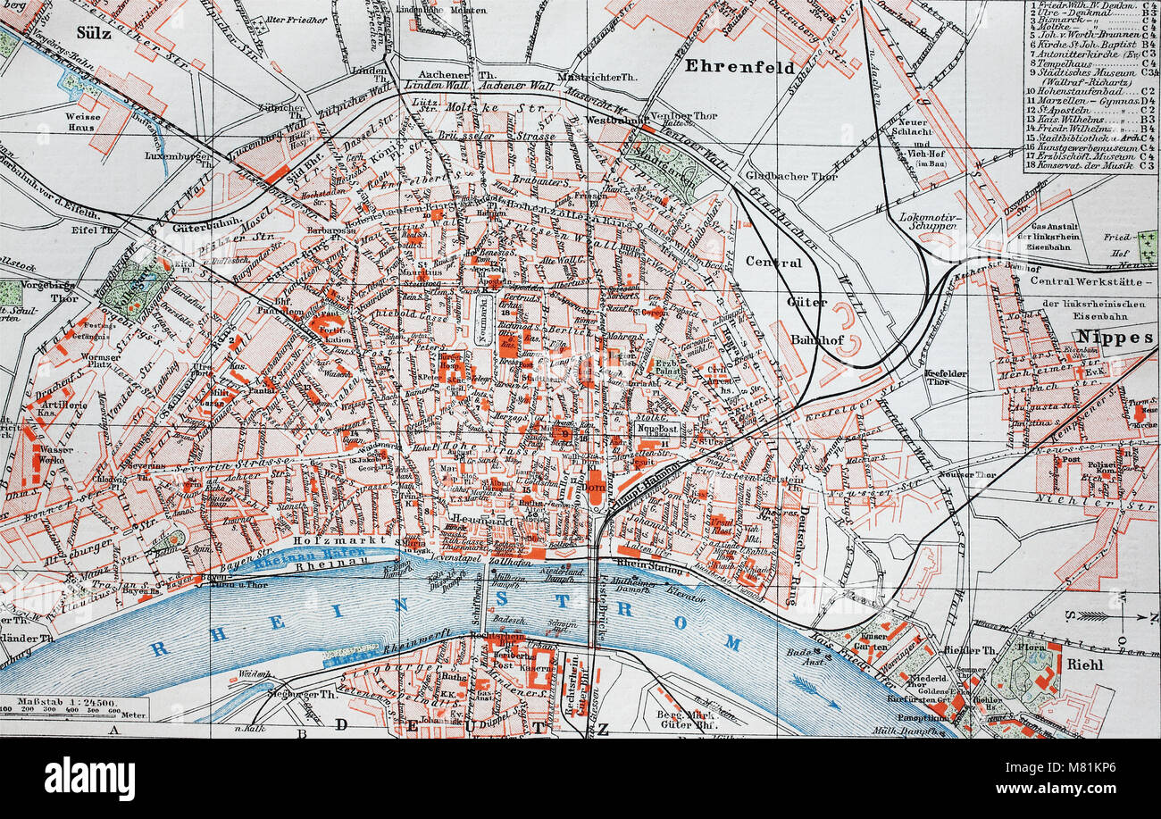 Stadtplan aus dem Jahr 1892: Köln, Deutschland, digital verbesserte Reproduktion einer Vorlage drucken aus dem Jahr 1895 Stockfoto
