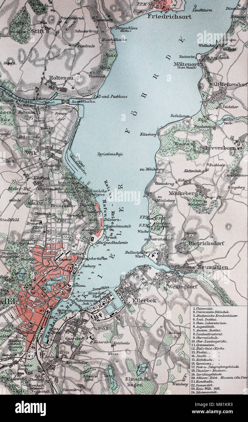 Stadtplan aus dem Jahr 1892: Kiel und die Kieler Foerde, Deutschland, digital verbesserte Reproduktion einer Vorlage drucken aus dem Jahr 1895 Stockfoto