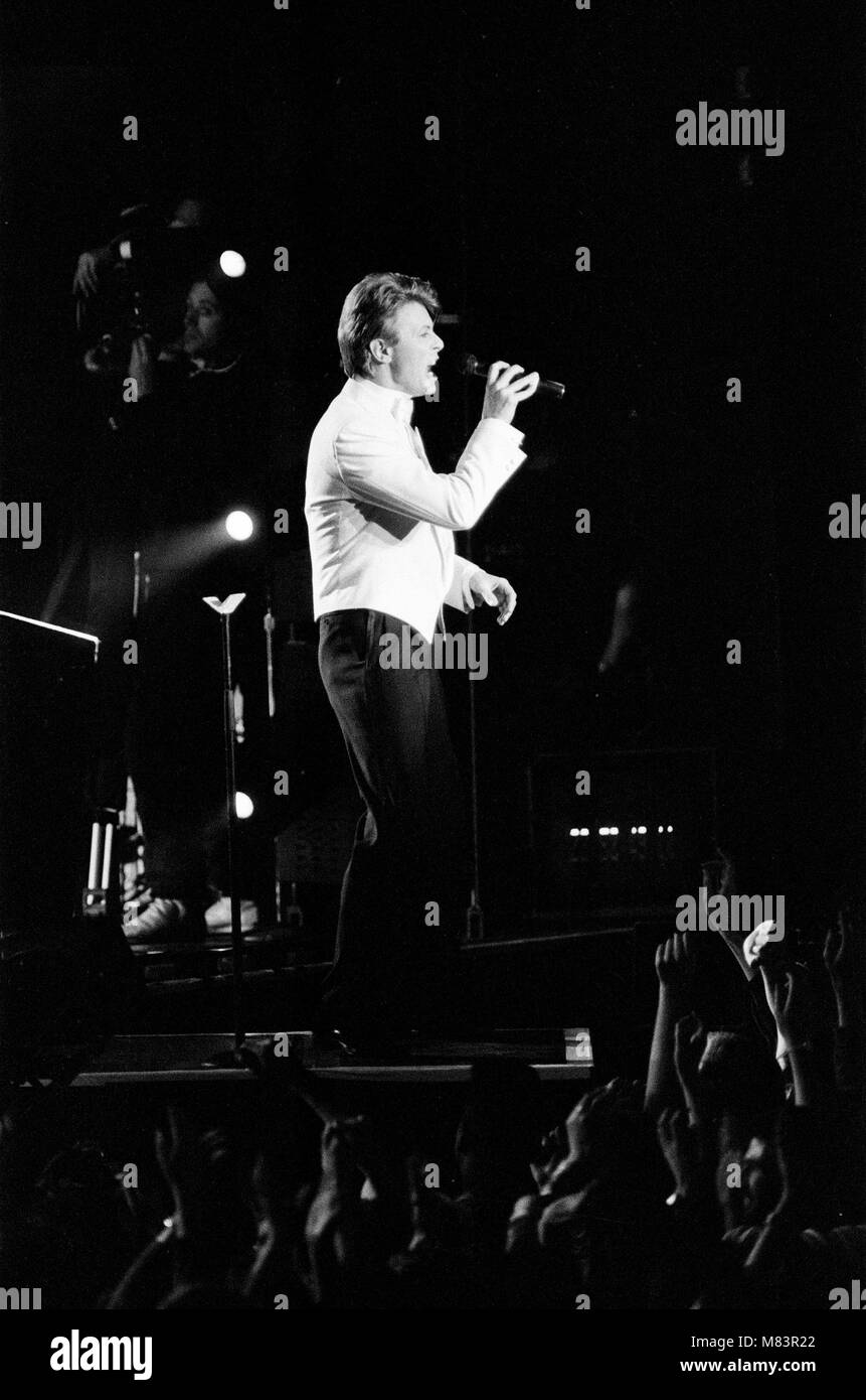 David Bowie auf der Bühne im Birmingham NEC. Das Konzert ist Teil der Tina Turner Private Dancer Tour. David Bowie ihr kam spät am im Duett auf 2 von seinen eigenen Songs 'Heute Abend' und 'Let's Dance'. Bild 23. März 1985 Stockfoto