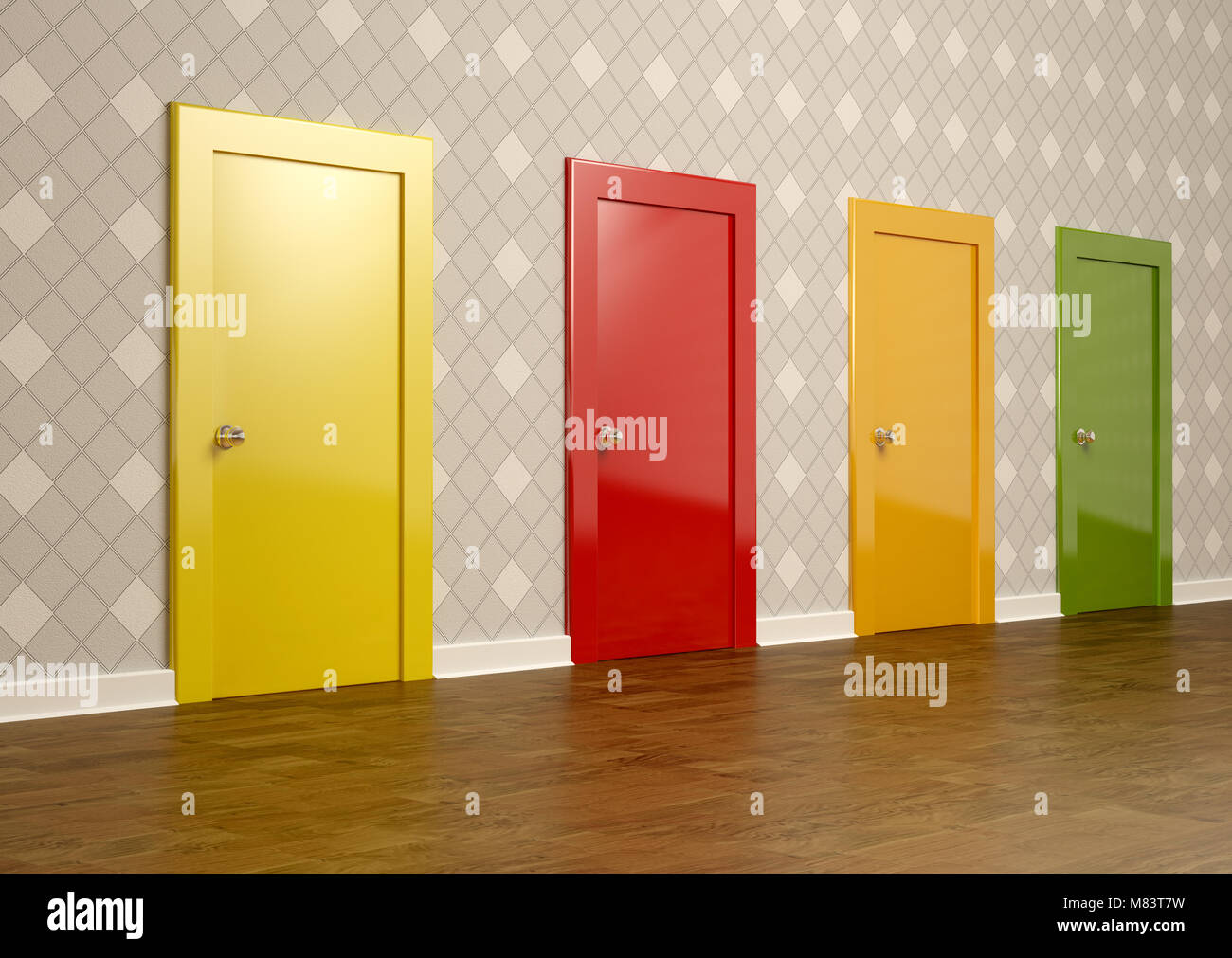 3D-Rendering von farbigen Türen in einem Raum, die das Konzept der Wahl Stockfoto