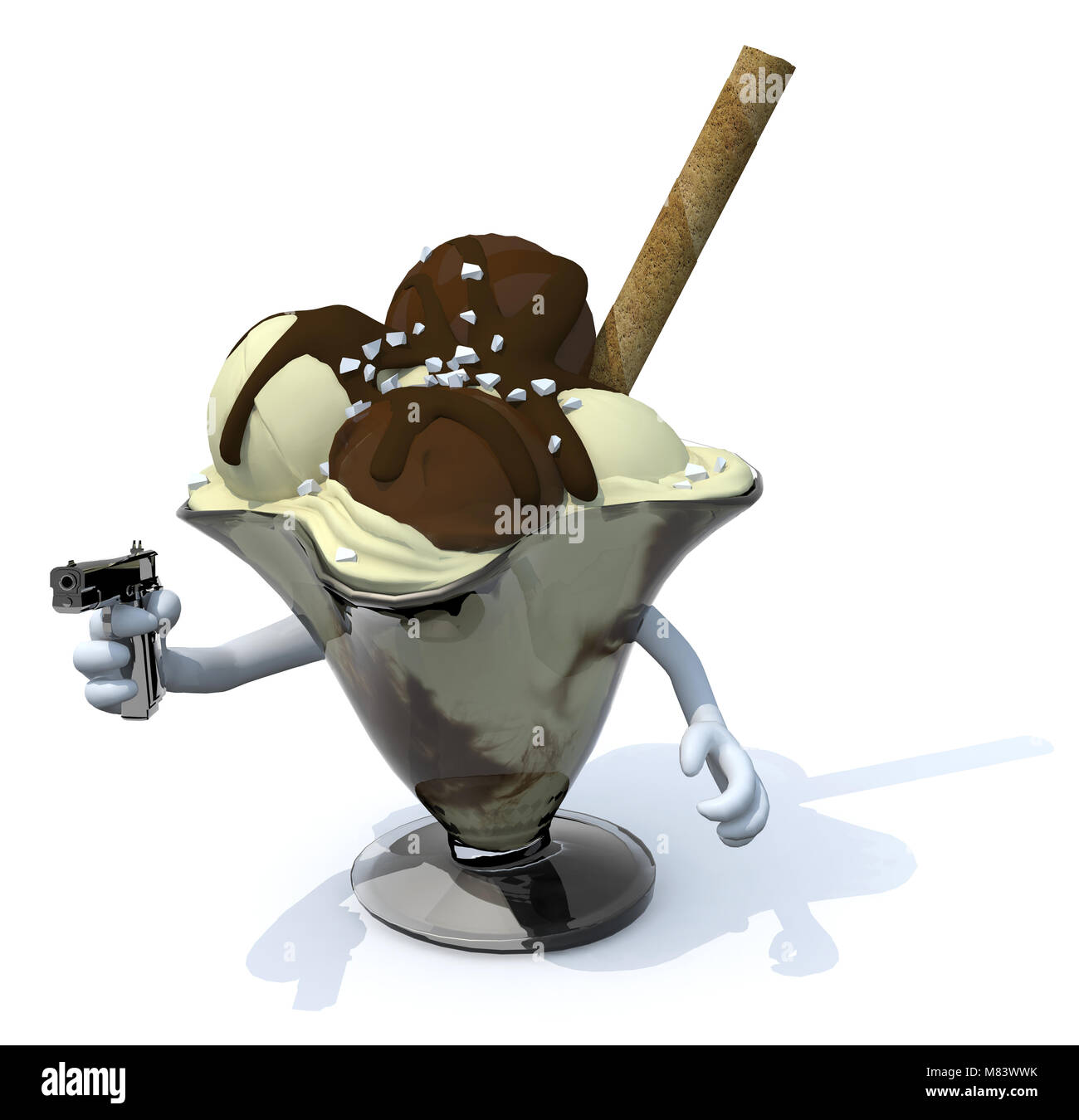Eis mit Händen und Gewehr, ungesunde Konzept von Zucker, 3D-Darstellung Stockfoto