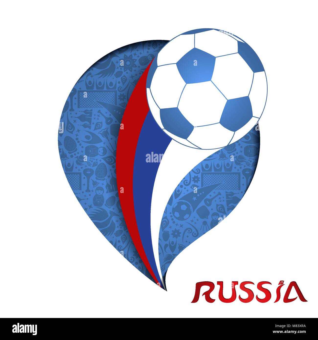 Russland Abbildung, Papier schneiden Stil Design. Fußball-Hintergrund mit Spiel Ball im russischen Land Flagge Farben. EPS 10 Vektor. Stock Vektor