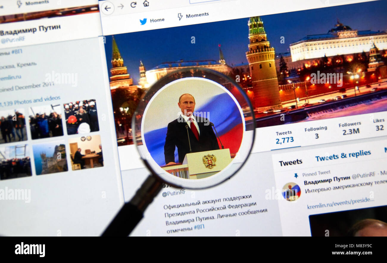 MONTREAL, KANADA - 13. MÄRZ 2018: Offizielle Twitter Account des russischen Präsidenten Wladimir Putin. Stockfoto