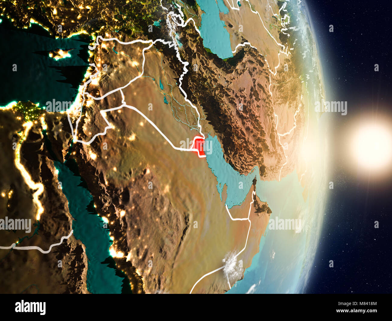 Kuwait bei Sonnenaufgang rot markiert auf dem Planeten Erde mit sichtbaren Grenzen. 3D-Darstellung. Elemente dieses Bild von der NASA eingerichtet. Stockfoto