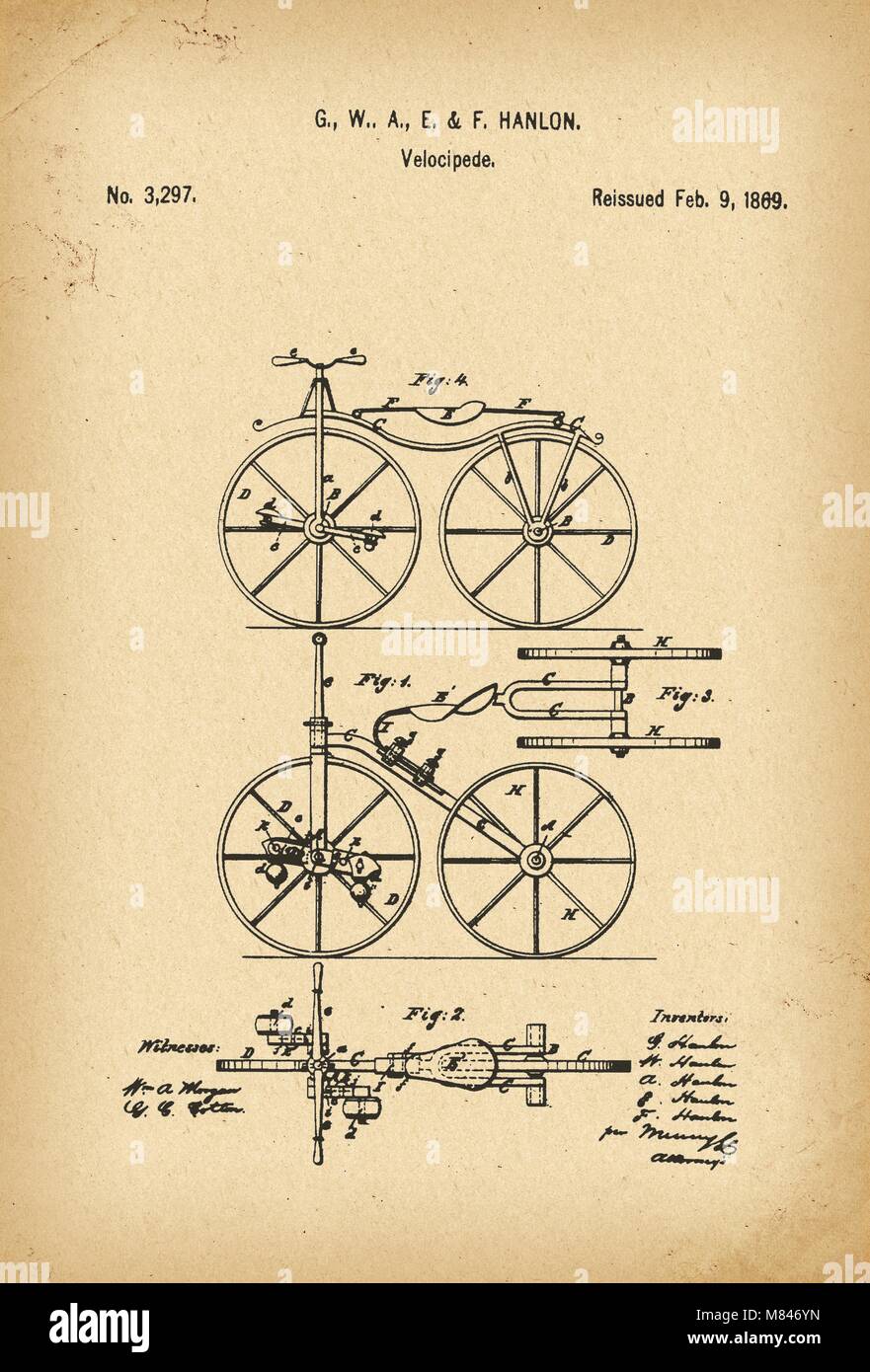 1869 Patent Velocipede Fahrrad Geschichte Erfindung Stockfoto