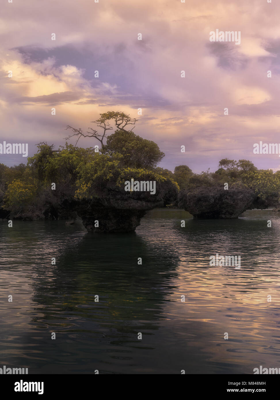 Eine Gruppe von kleinen Inseln in den Küstengewässern der Sansibar. Twilight Beleuchtung. Stockfoto