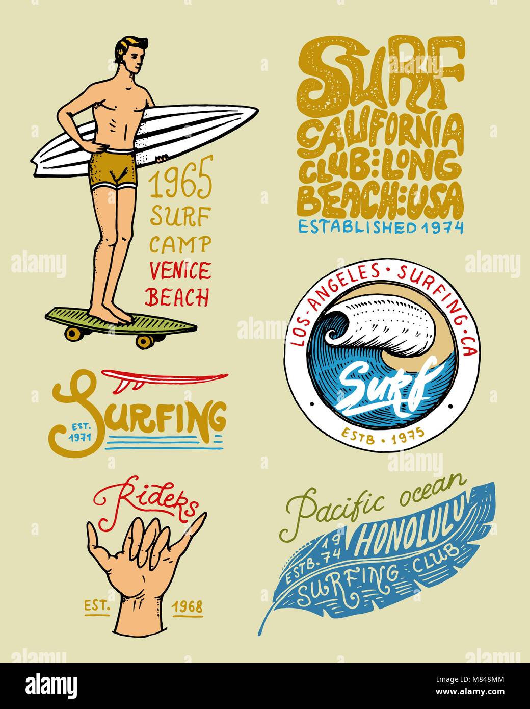 Surf Abzeichen und Wave, Palmen und das Meer. Tropen und Kalifornien