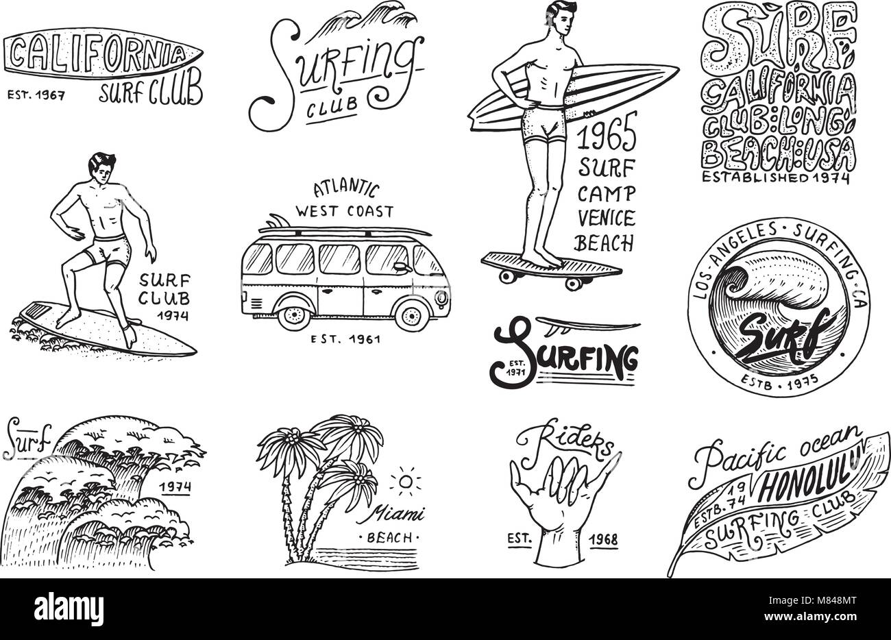 Surf Abzeichen und Wave, Palmen und das Meer. Tropen und Kalifornien. Mann auf dem Surfbrett, Sommer auf den Strand und das Meer. graviert Emblem Hand gezeichnet. Banner oder Poster. Sport in Hawaii. Stock Vektor