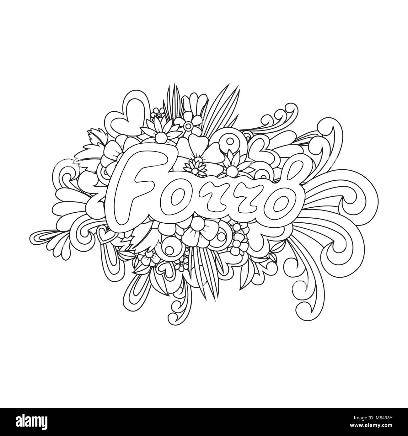 Forro Zen verwirren. Doodle Muster mit Blumen und Text für den Tanz. Vector Illustration. Stock Vektor