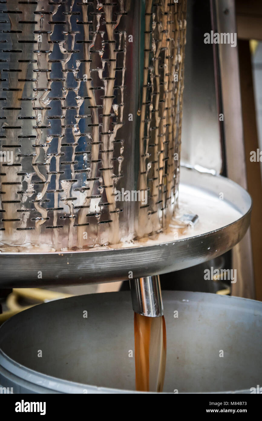 Die hydraulische Apfelpresse während der Craft-Apfelsaftherstellung In Deutschland Stockfoto