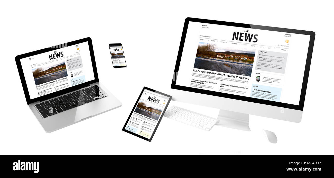 Flying Geräte mit News Website responsive Design 3D-Rendering Stockfoto