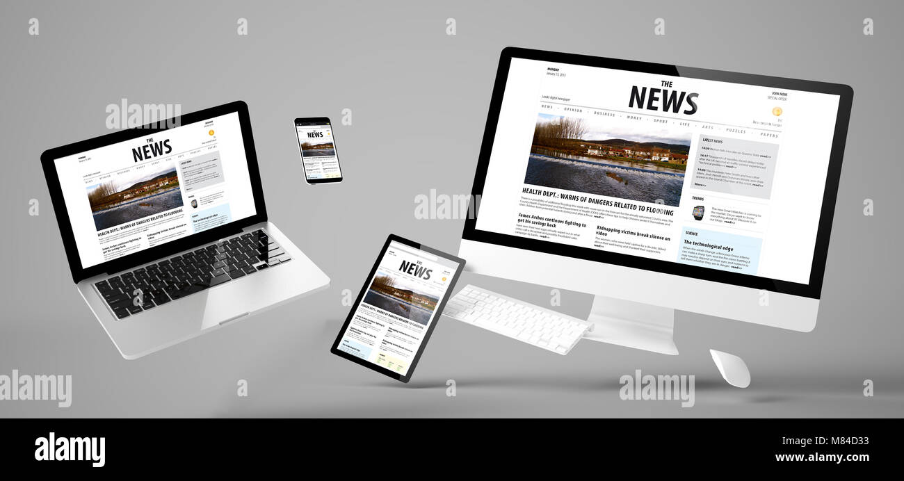 Flying Geräte mit News Website responsive Design 3D-Rendering Stockfoto