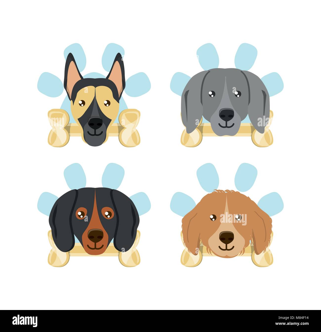Icon Set von Hunden mit Knochen auf weißem Hintergrund, farbenfrohen Design Vector Illustration Stock Vektor