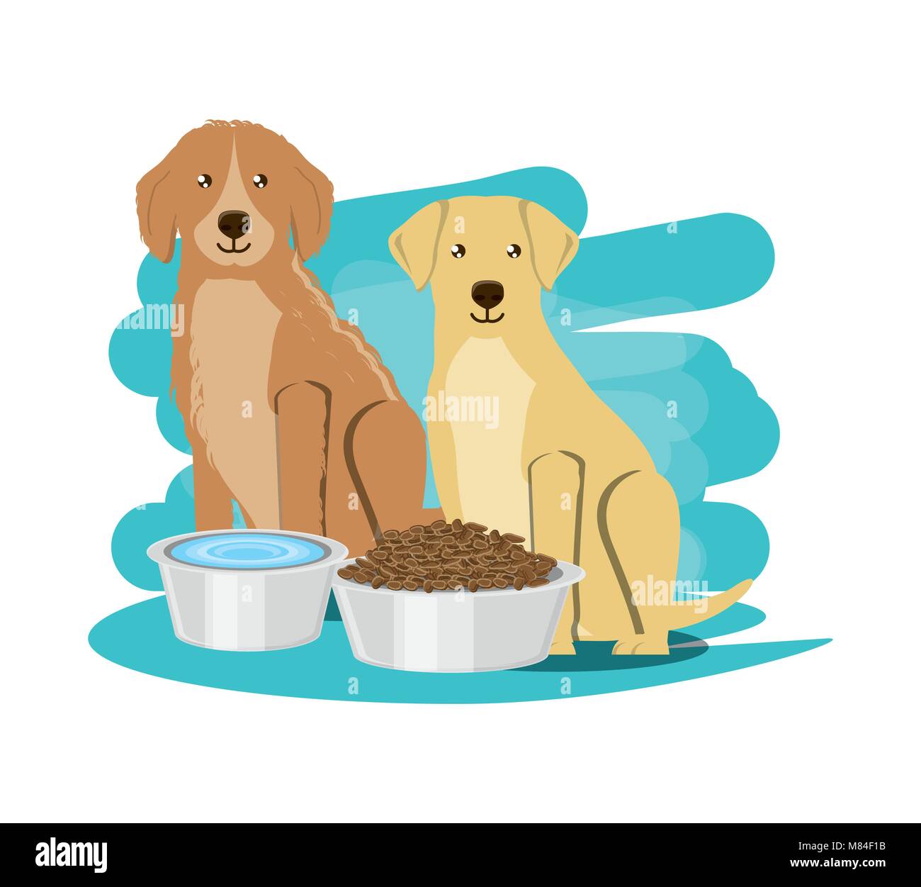 Golden und Labrador Retriever Hunde mit futternäpfe auf weißem Hintergrund, farbenfrohen Design Vector Illustration Stock Vektor