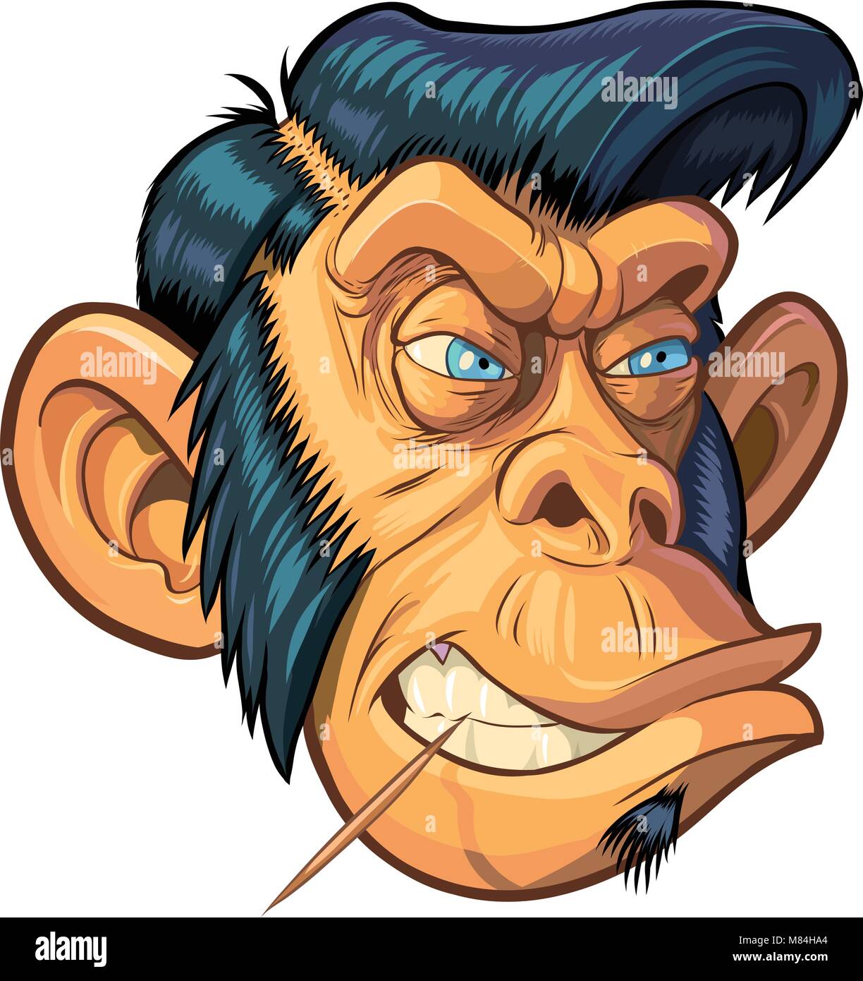 Vektor cartoon Clipart Illustration eines harten, Schimpanse Affe Maskottchen Kopf mit blauen Augen, ein Zahnstocher und ein Hipster oder schmierer Frisur. Stock Vektor