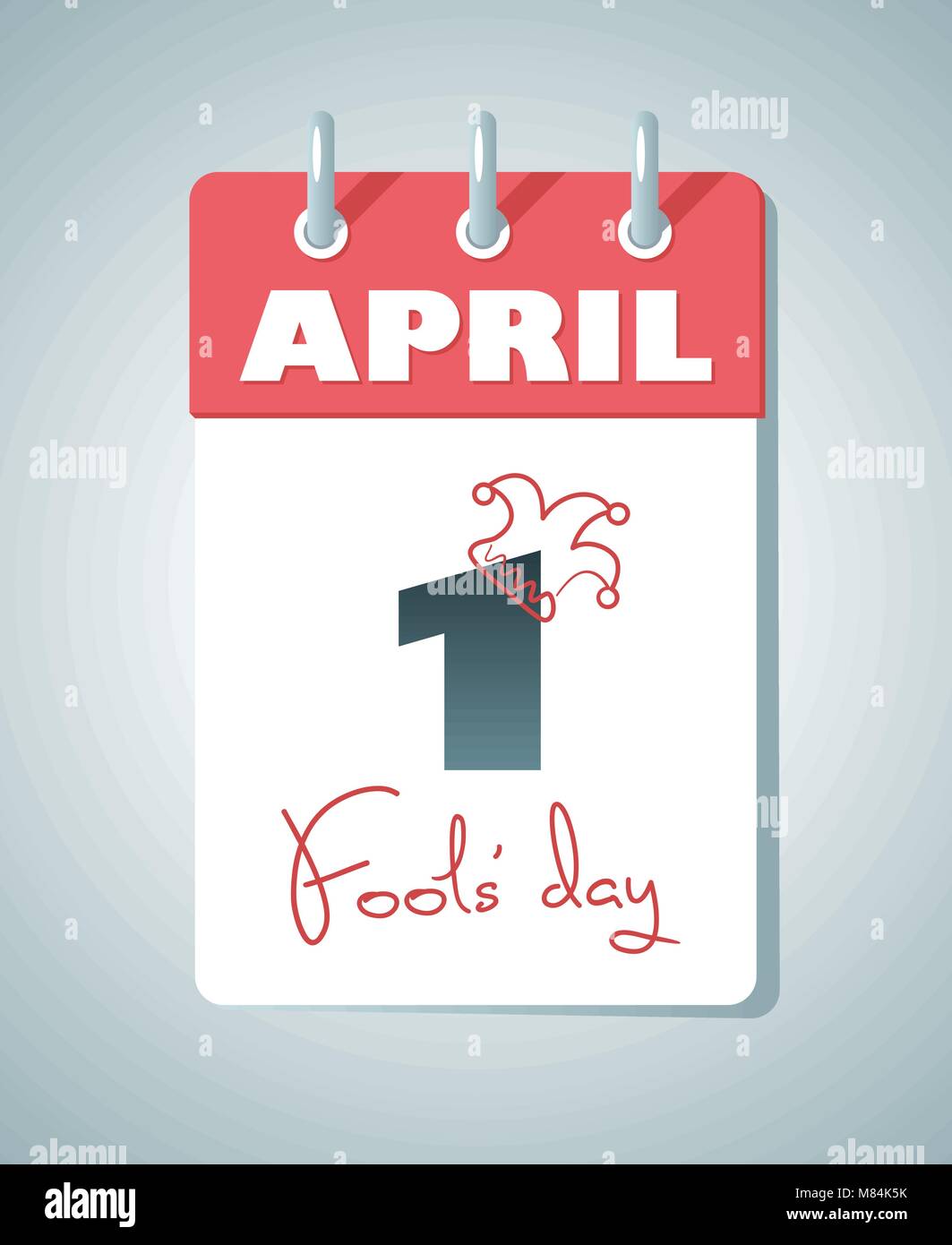 1. April Fools Day. Hand Schriftzug Skript und Jester's cap Skizze über Kalenderblatt. Vector Illustration. Stock Vektor