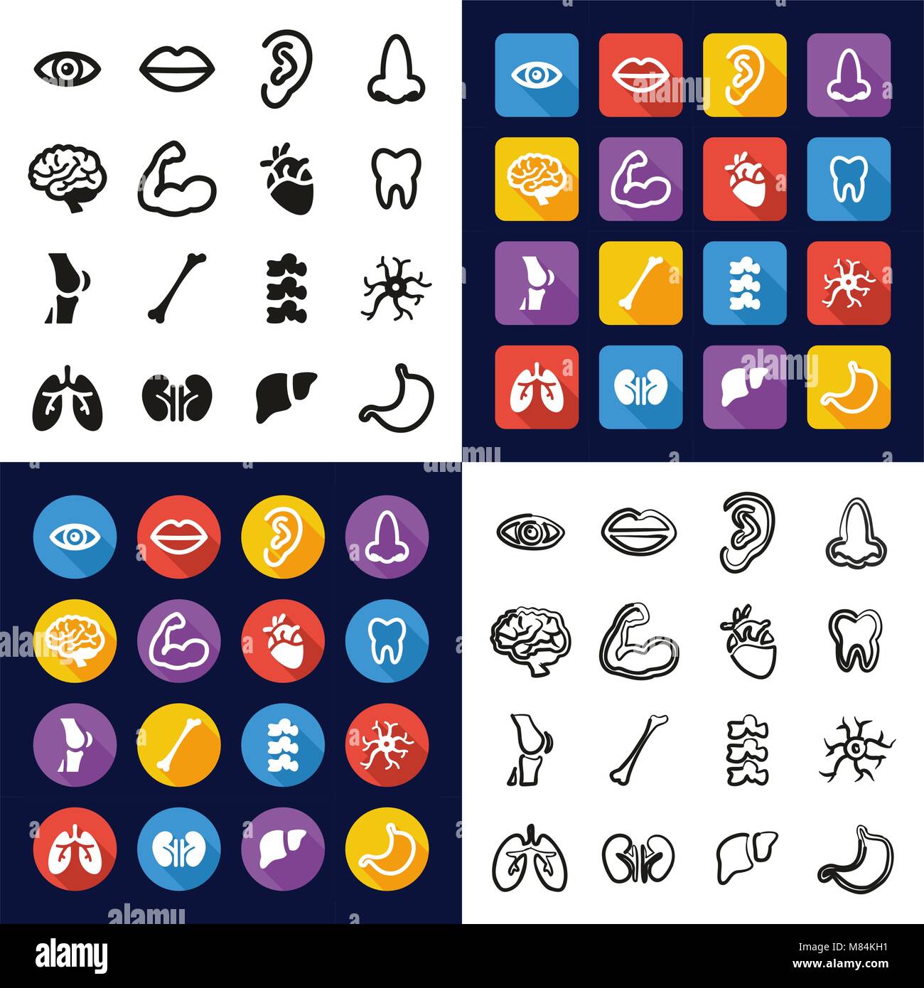 Die menschliche Anatomie in einem Symbole Schwarzweiß Farbe flaches Design Freehand eingestellt Stock Vektor