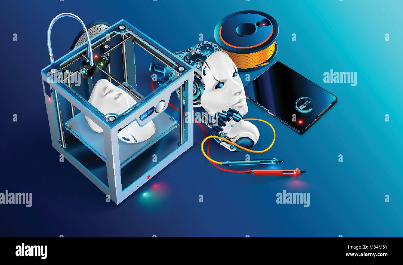 3D-Druck für die Werkstatt. 3d-Drucker gedruckt Roboter Kopf. Roboter Teilefertigung mit Additiv Technologie. Drucken Sie 3d Konstruktion und Prototyping Stock Vektor