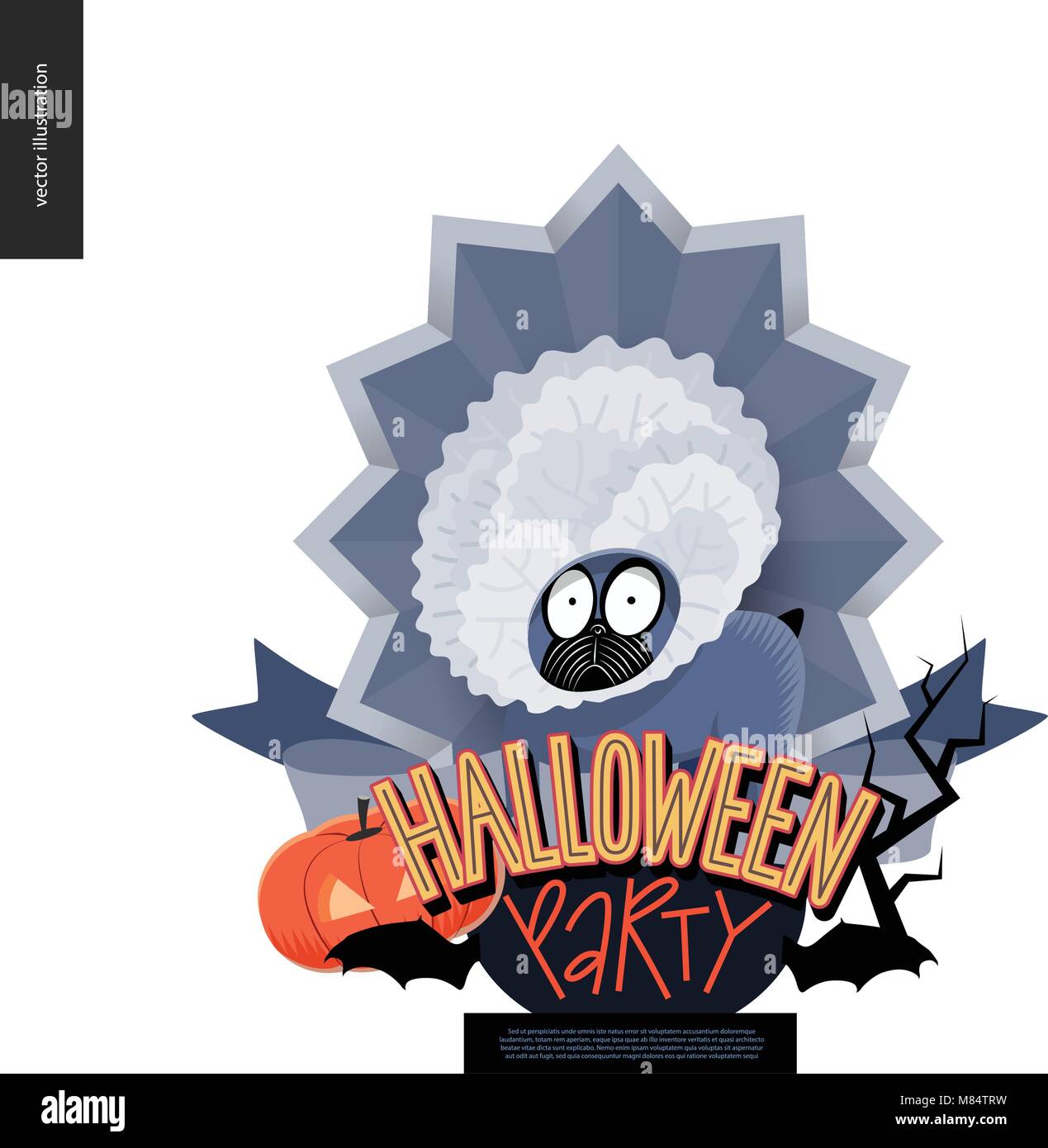 Halloween Party aus Zeichen emblem Einladung. Flache vectror Cartoon illustriert Design eine französische Bulldogge im Zentrum der gestreifte Schirm, Fledermäuse, pumpki Stock Vektor